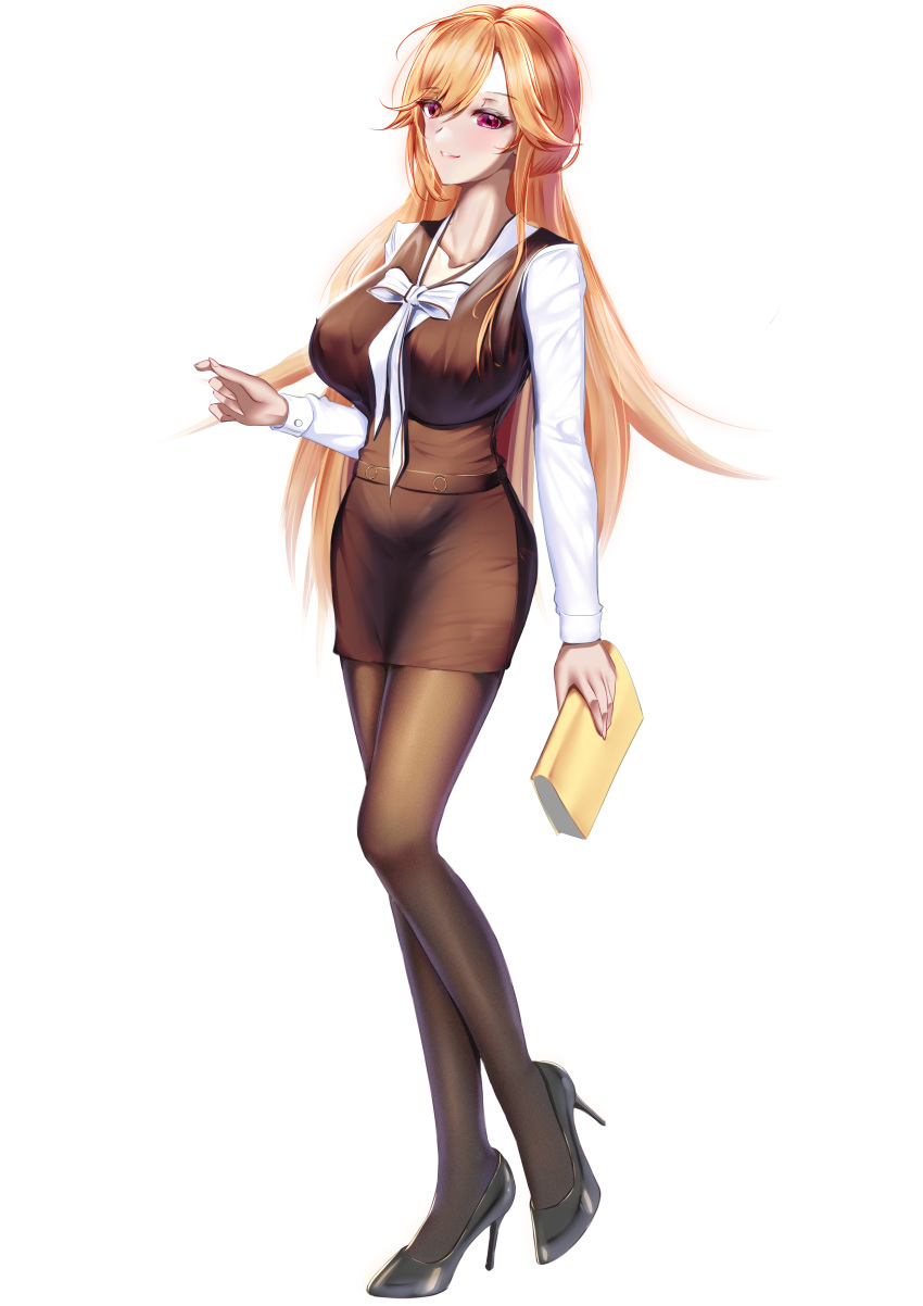 1girl, absurdres, alternate_costume, azur_lane, book, full_body, gosama, high_heels, highres, long_sleeves, office_lady, pantyhose, red_eyes, richelieu_(azur_lane), simple_background, skirt, transparent_background