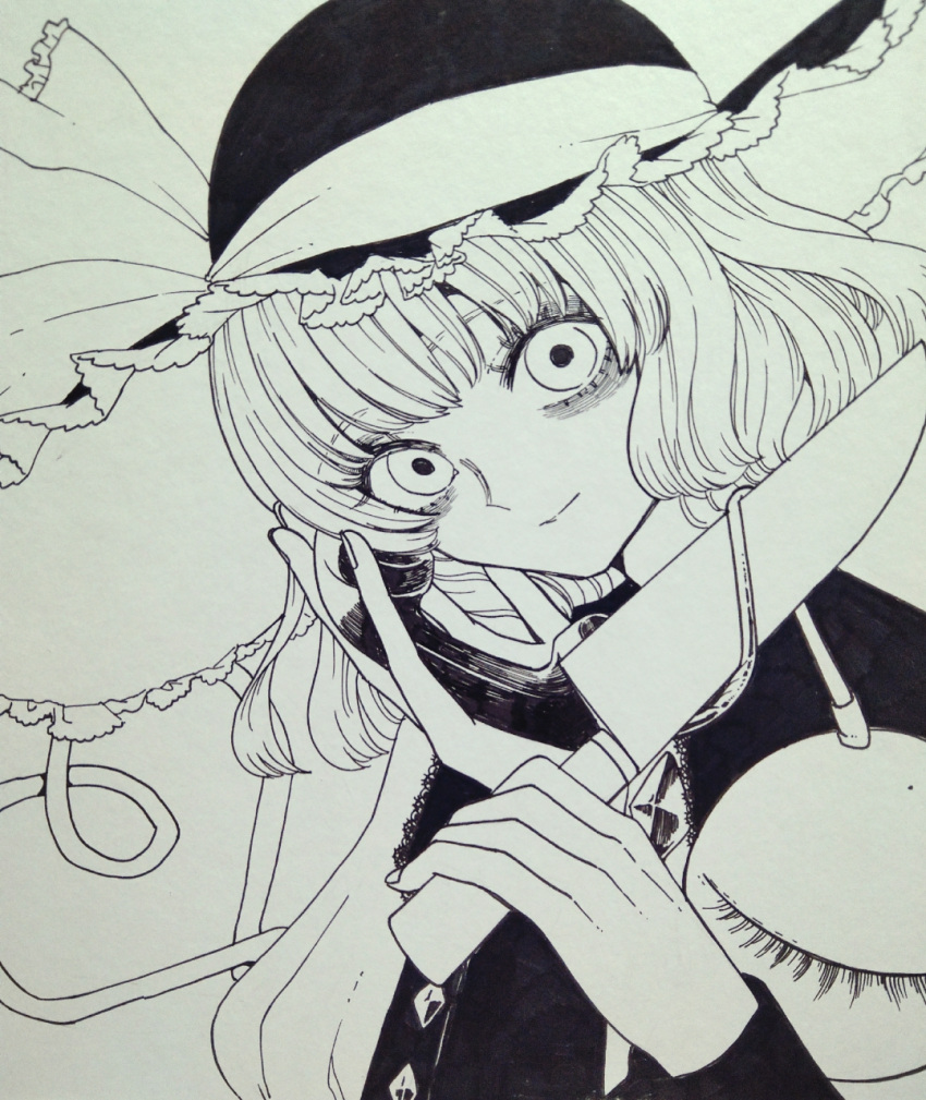 1girl, blouse, buttons, closed_mouth, commentary, diamond_button, eyebrows_visible_through_hair, eyelashes, fingernails, greyscale, hat, hat_ribbon, head_tilt, heart, heart_of_string, highres, holding, holding_knife, holding_phone, knife, komeiji_koishi, lace, long_sleeves, looking_at_viewer, medium_hair, monochrome, phone, ribbon, smile, solo, touhou, upper_body, whoru