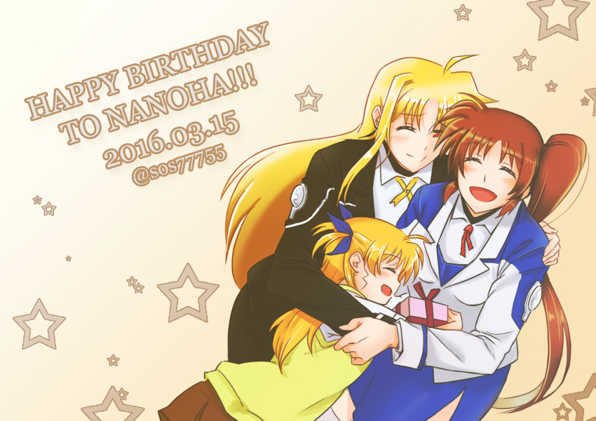 3girls, blonde_hair, brown_hair, closed_eyes, couple, dated, family, fate_testarossa