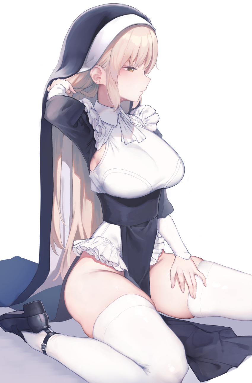 1girl, absurdres, armpit_peek, armpits, bangs, blonde_hair, breasts, closed_mouth