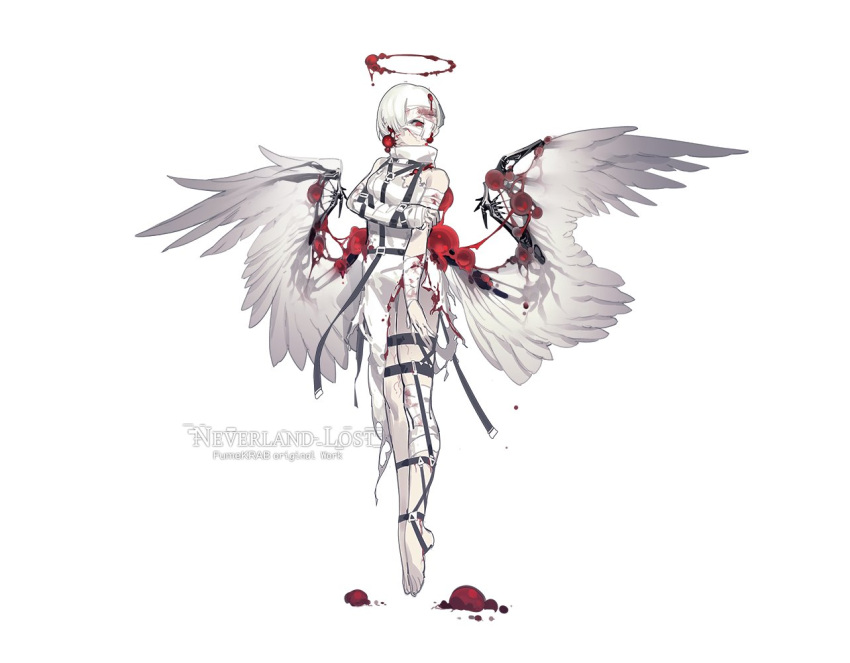 1girl, angel, angel_wings, bandages, barefoot, blood, blood_on_bandages, english_commentary