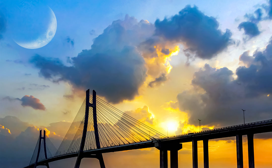 blue_sky, bridge, clouds, cloudy_sky, commentary, crescent_moon, dawn, gradient_sky