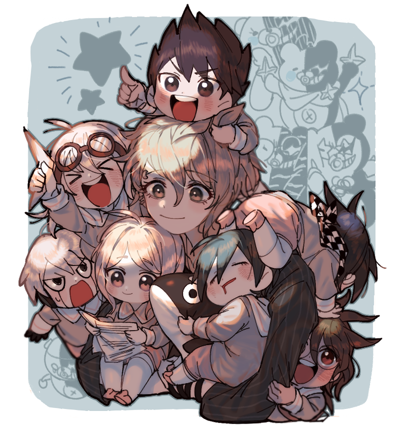 >_<, 2girls, 6+boys, :d, akamatsu_kaede, amami_rantarou, antenna_hair, bangs