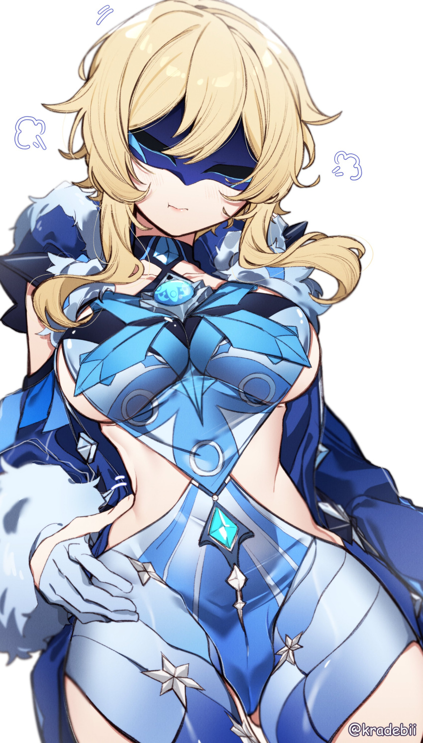 1girl, =3, absurdres, ass_visible_through_thighs, bangs, blonde_hair, blue_coat, blue_gemstone
