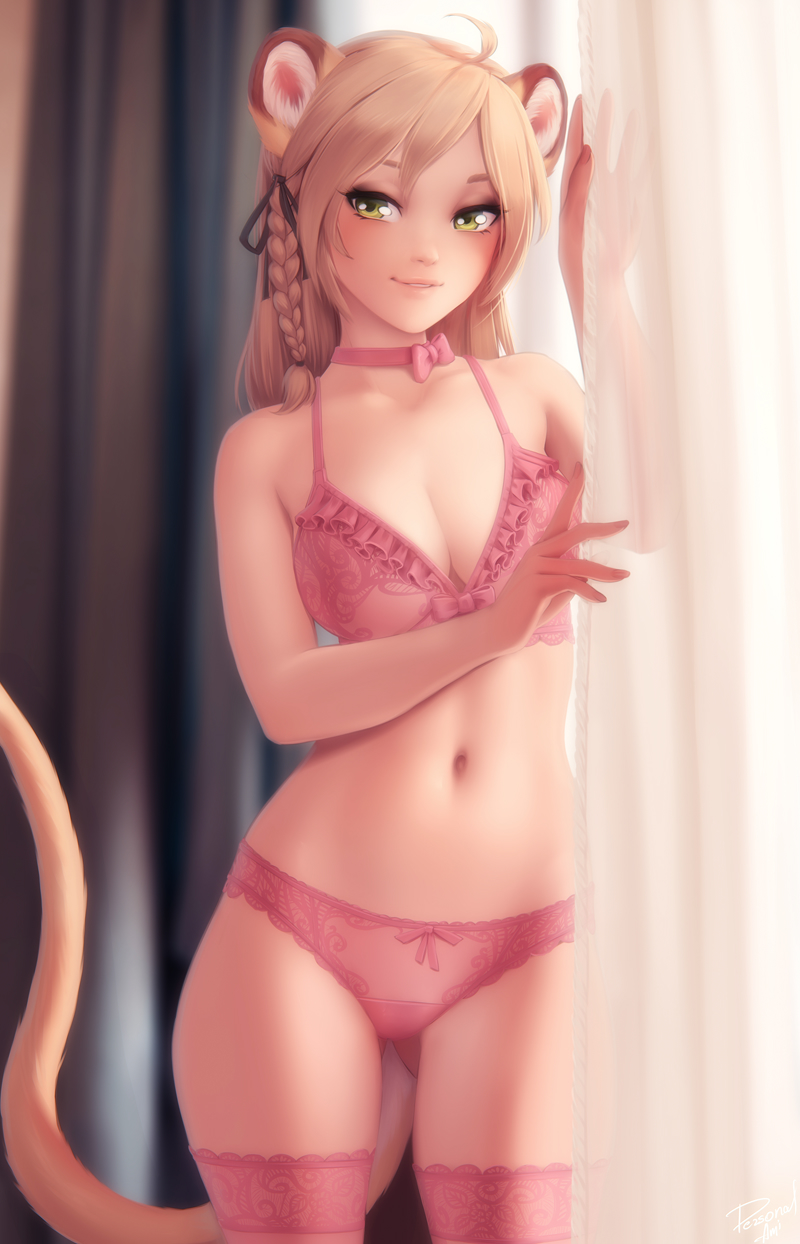 1girl, ahoge, animal_ear_fluff, animal_ears, ass_visible_through_thighs, bangs, bare_arms, bare_shoulders
