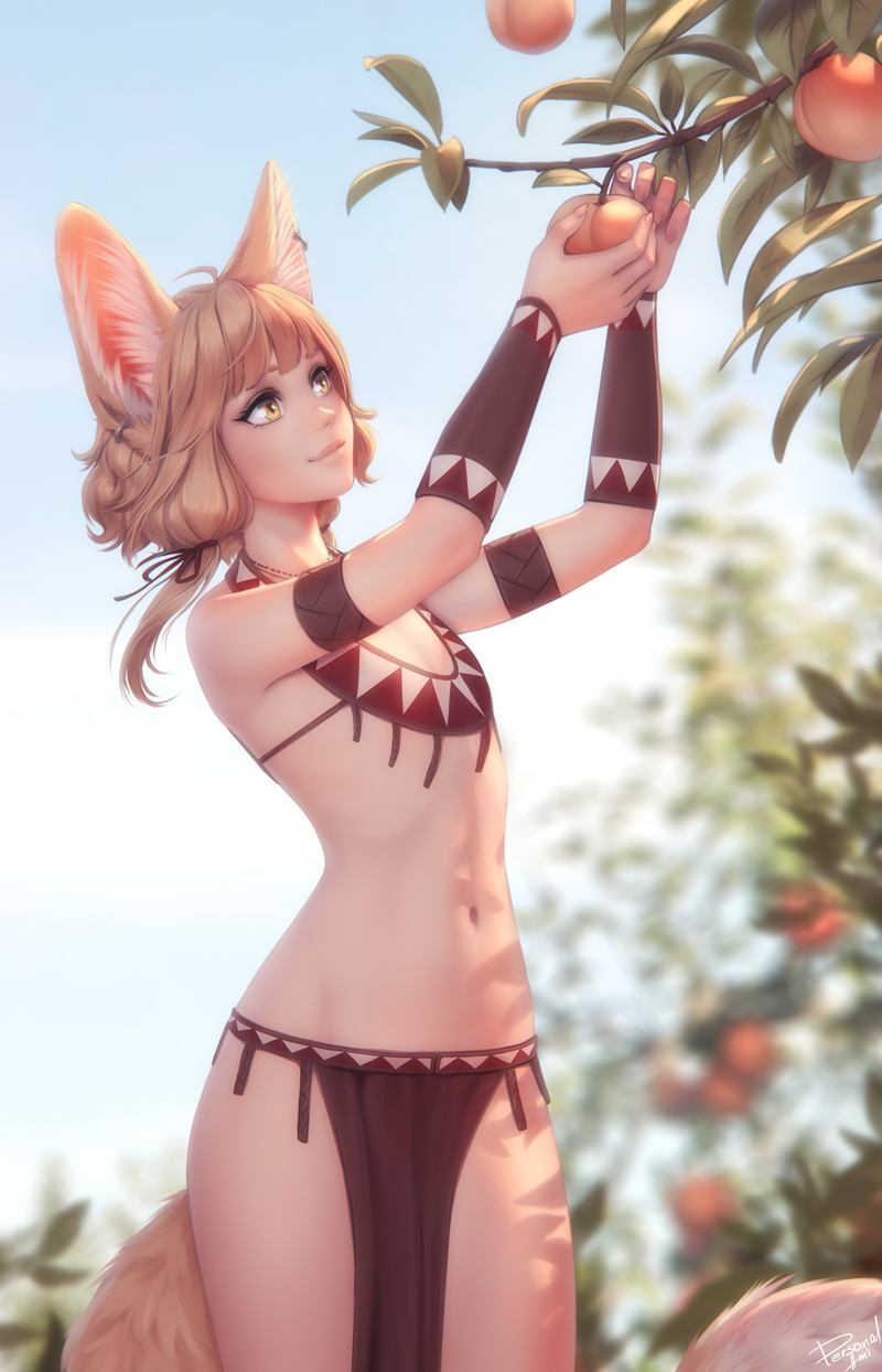 1girl, animal_ear_fluff, animal_ears, armband, blonde_hair, blurry, blurry_background, branch