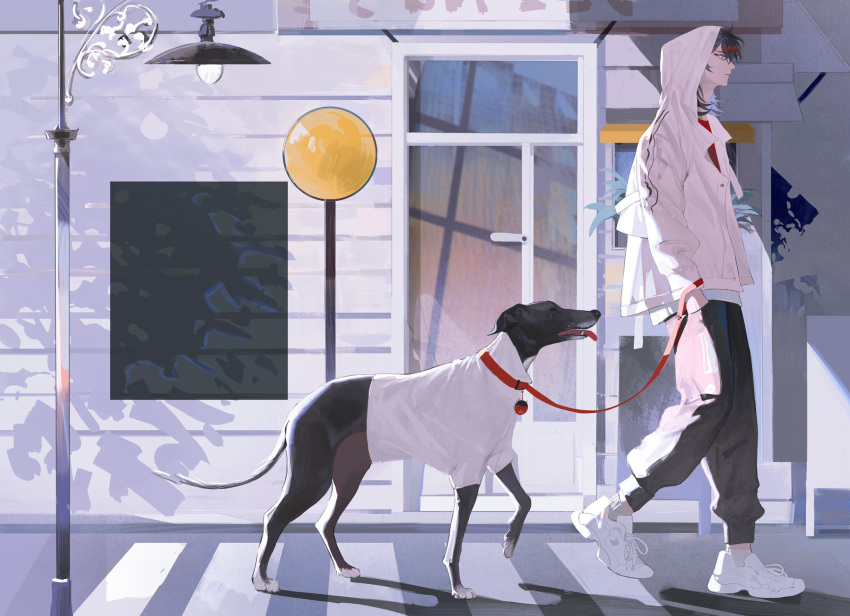 1boy, animal, black_hair, closed_mouth, collar, dog, eyeshadow, gin-jian, hand_in_pocket, highres, hood, hood_up, hooded_jacket, jacket, lamppost, leash, long_hair, makeup, male_focus, multicolored_hair, nijisanji, nijisanji_en, open_clothes, open_jacket, open_mouth, outdoors, plant, red_collar, redhead, shoes, sneakers, tongue, tongue_out, vox_akuma, walking, white_footwear, white_jacket, yellow_eyes