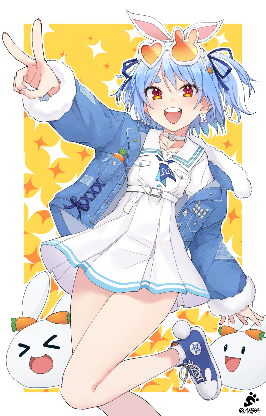 1girl, absurdres, alternate_costume, animal_ears, arikacoco, belt, blue-footed_booby, blue_hair, blue_jacket, blue_neckwear, blue_ribbon, border, bright_pupils, bunny-shaped_pupils, bunny_earrings, carrot, choker, closed_eyes, collarbone, creature, earrings, eyebrows_visible_through_hair, eyelashes, eyes_visible_through_hair, eyewear_on_head, fake_animal_ears, fingernails, fur-trimmed_jacket, fur-trimmed_sleeves, fur_trim, hair_ribbon, heart, heart-shaped_eyewear, highres, hololive, jacket, jewelry, light_blue_hair, long_eyelashes, medium_hair, multicolored_hair, nail_polish, open_mouth, orange-tinted_eyewear, outline, patterned, patterned_background, rabbit_ears, rabbit_girl, red_eyes, ribbon, short_eyebrows, side_ponytail, single_earring, smile, sparkle, sparkle_background, streaked_hair, sunglasses, symbol-shaped_pupils, teeth, tinted_eyewear, tongue, upper_teeth, usada_pekora, v, virtual_youtuber, white_border, white_choker, white_hair, white_outline, white_pupils