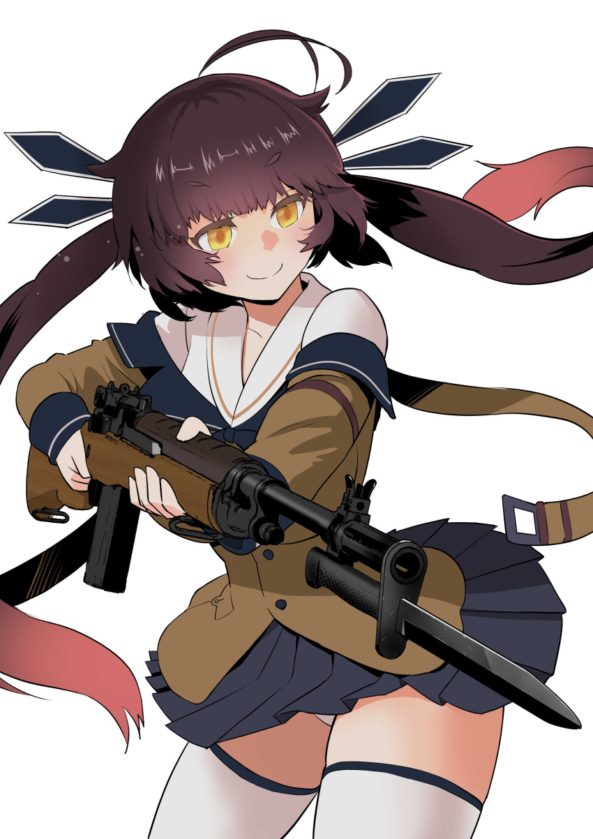 absurdres, amehashi_(vdde3724), battle_rifle, brown_hair, brown_shirt, collarbone, eyebrows_visible_through_hair, girls_frontline