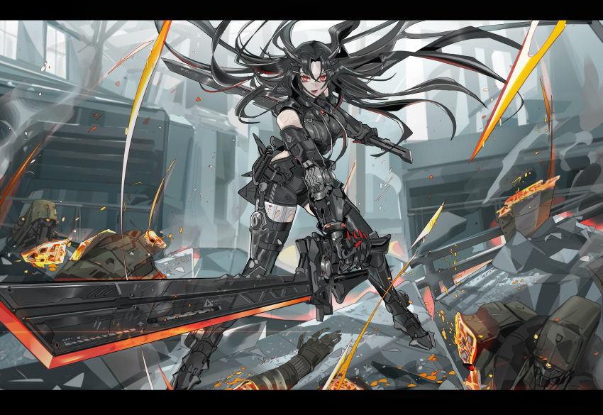 1girl, absurdres, battle, black_hair, dual_wielding, english_commentary, executioner_(girls'_frontline), girls_frontline