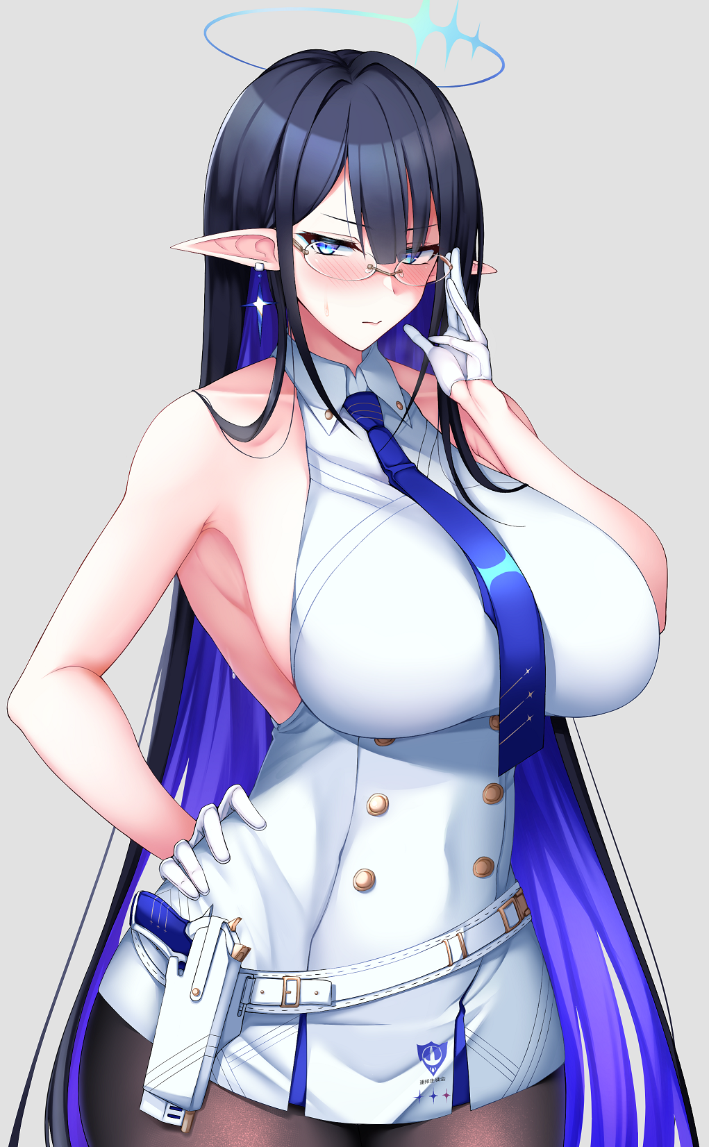 1girl, adjusting_eyewear, armpits, bangs, belt, black_hair, black_legwear, blue_archive