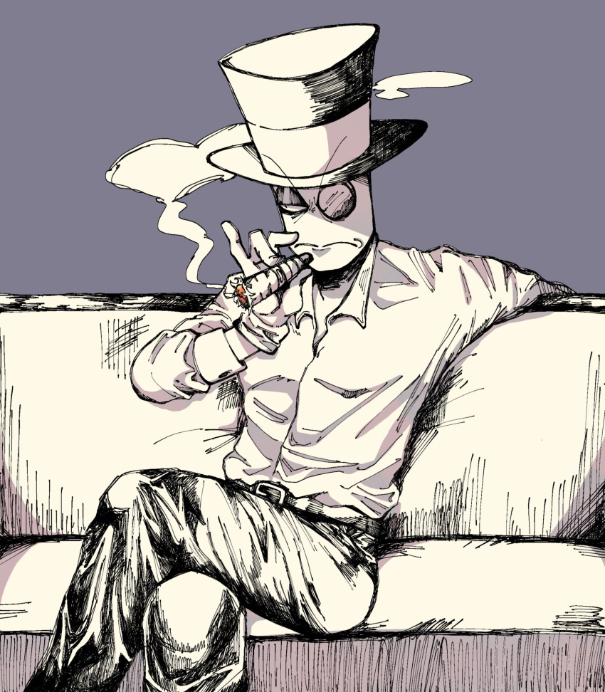 1boy, belt, black_hat_(villainous), cigarette, crossed_legs, half-closed_eyes, hat, highres