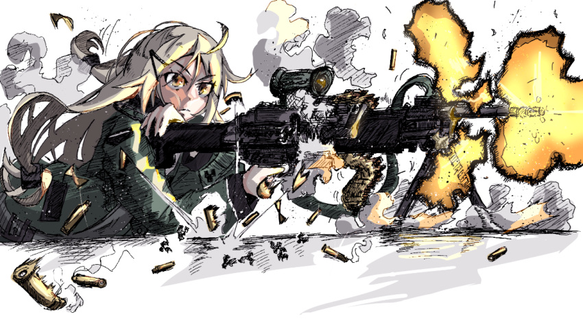 1girl, closed_mouth, colorized, commentary_request, firing, girls_frontline, gun, h&amp;k_mg4