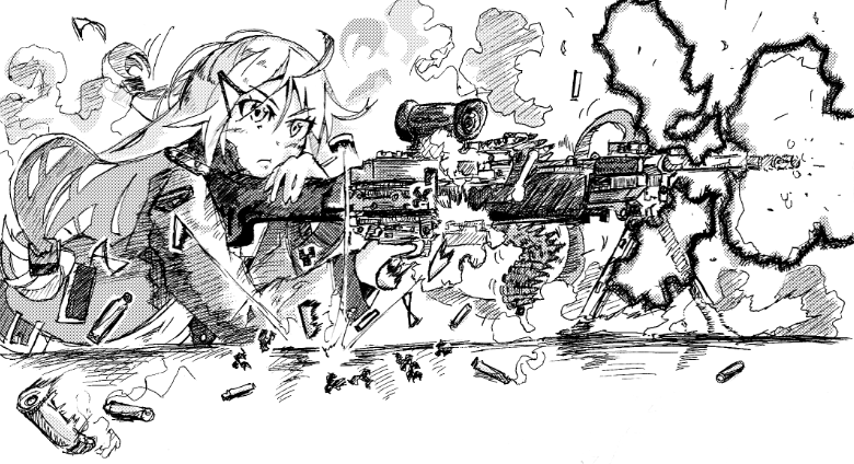 1girl, closed_mouth, english_commentary, firing, girls_frontline, gun, h&amp;k_mg4, hair_between_eyes