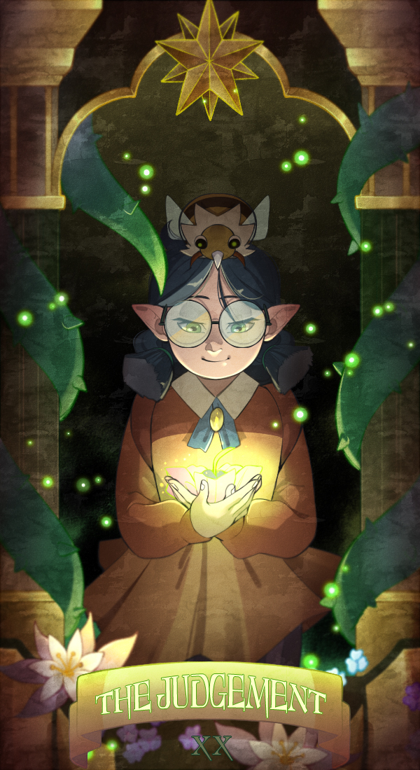 1girl, animal_on_head, dark_background, dress, glasses, glowing, green_eyes, light_particles