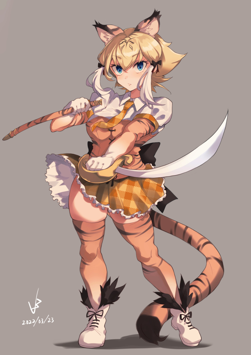 1girl, absurdres, animal_ears, animal_print, blonde_hair, blue_eyes, boots, breasts