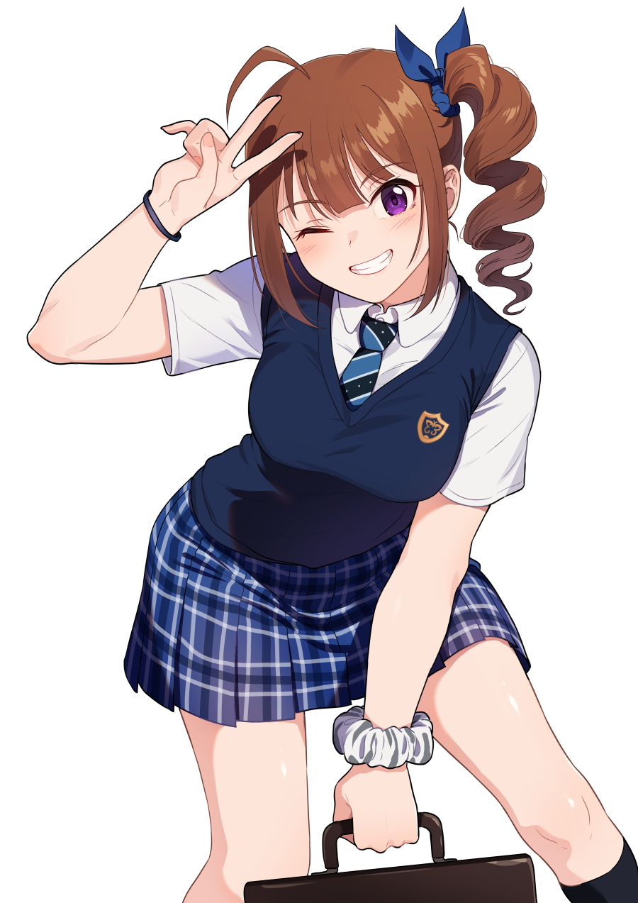 1girl, ahoge, badge, bag, bangs, black_legwear, blunt_bangs, blush