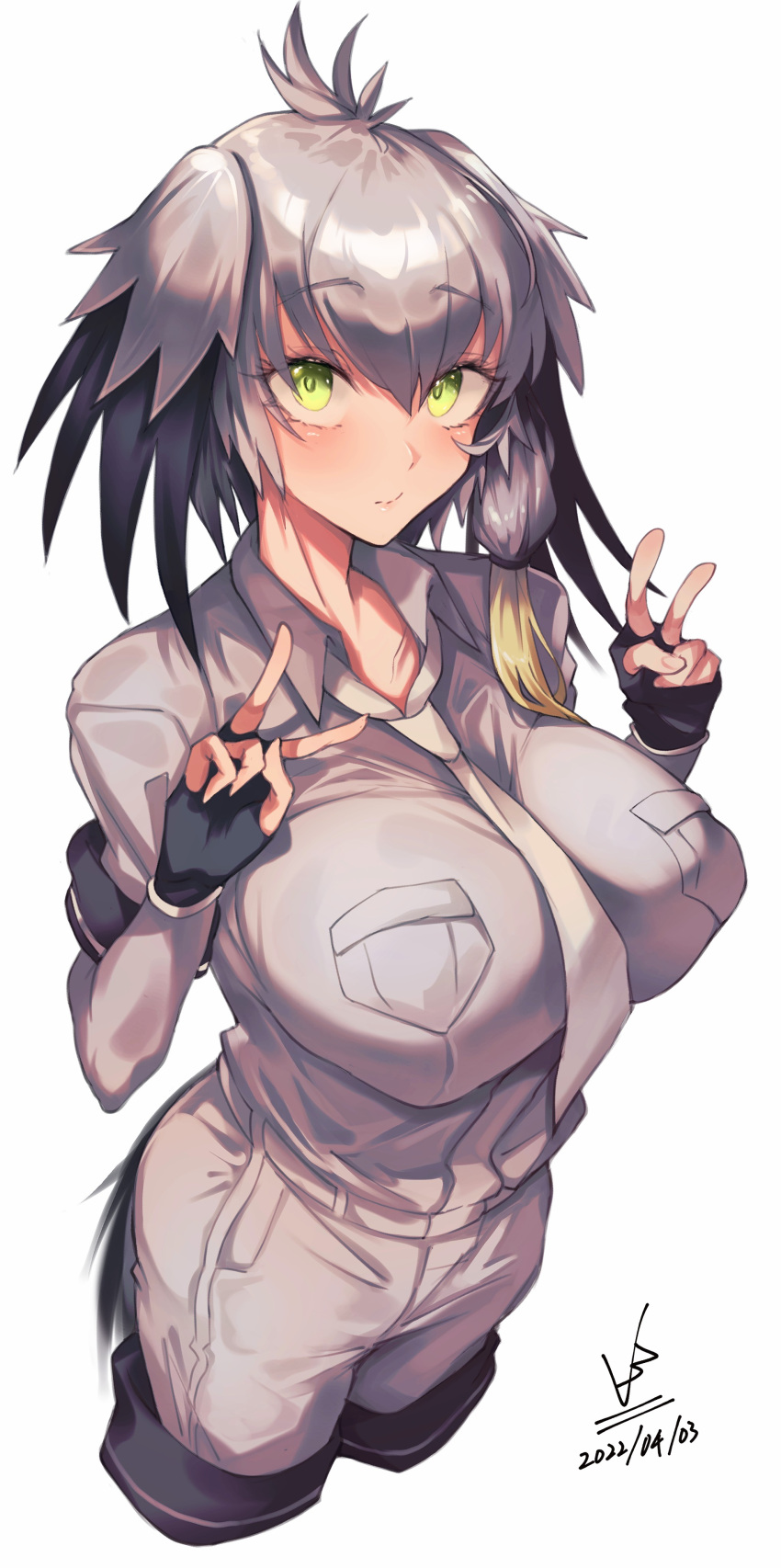 1girl, absurdres, alternate_breast_size, bangs, belt, bird_tail, black_gloves, black_hair