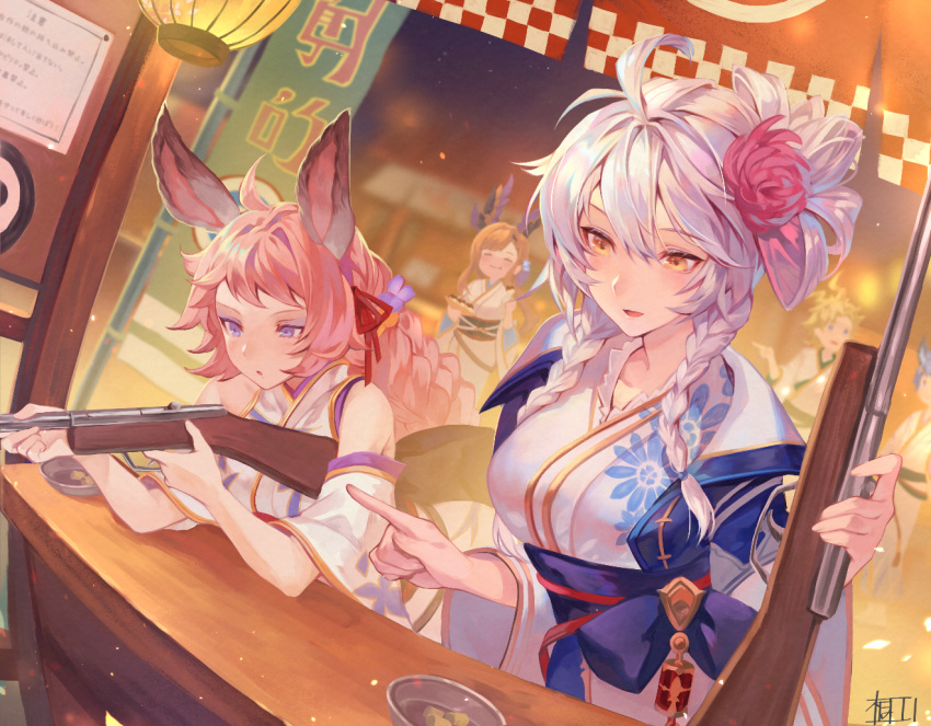 2boys, 3girls, ahoge, animal_ears, braid, brown_eyes, cork, cork_gun