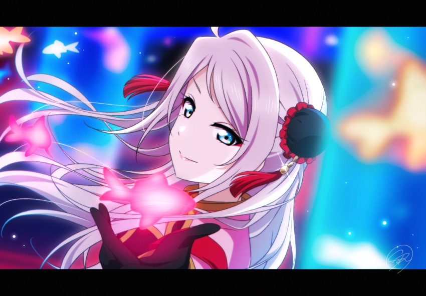 1girl, bangs, black_gloves, blue_eyes, double_bun, english_commentary, eutopia_(love_live!), eyelashes
