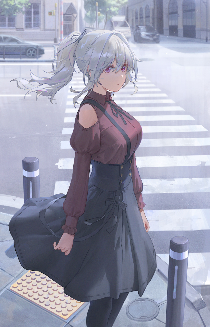 1girl, absurdres, arms_at_sides, bangs, black_legwear, black_neckwear, black_ribbon, black_skirt, bollard, breasts, buttons, car, city, closed_mouth, clothing_cutout, collared_shirt, commentary, crosswalk, day, english_commentary, expressionless, eyebrows_visible_through_hair, feet_out_of_frame, free_style_(yohan1754), ground_vehicle, hair_between_eyes, hair_intakes, hair_ribbon, high-waist_skirt, highres, large_breasts, long_hair, long_sleeves, looking_at_viewer, medium_skirt, motor_vehicle, neck_ribbon, original, outdoors, pantyhose, pink_eyes, ponytail, puffy_long_sleeves, puffy_sleeves, purple_pupils, red_shirt, ribbon, shirt, shirt_tucked_in, shoulder_cutout, sideways_glance, silver_hair, skirt, solo, standing, suspender_skirt, suspenders, tied_hair, violet_eyes