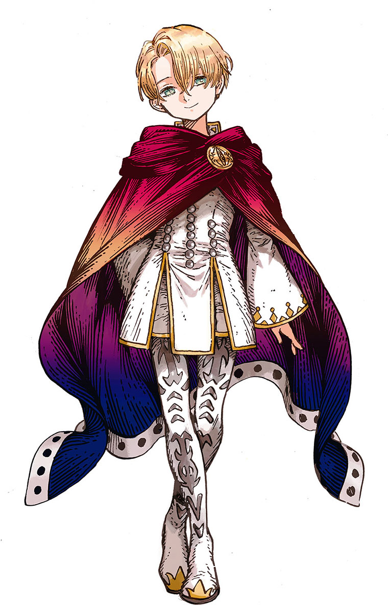 1boy, blonde_hair, cape, cloak, eolio_ezret, formal, full_body, green_eyes, highres, long_sleeves, official_art, shirahama_kamome, short_hair, simple_background, solo, tongari_boushi_no_atelier, white_background