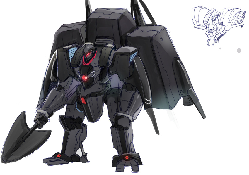 arroganz, clenched_hand, highres, holding, holding_polearm, holding_weapon, lance, leaning_forward, mecha, no_humans, official_art, otome_gee_sekai_wa_mob_ni_kibishii_sekai_desu, polearm, production_art, science_fiction, second-party_source, sketch, solo_focus, standing, visor, weapon