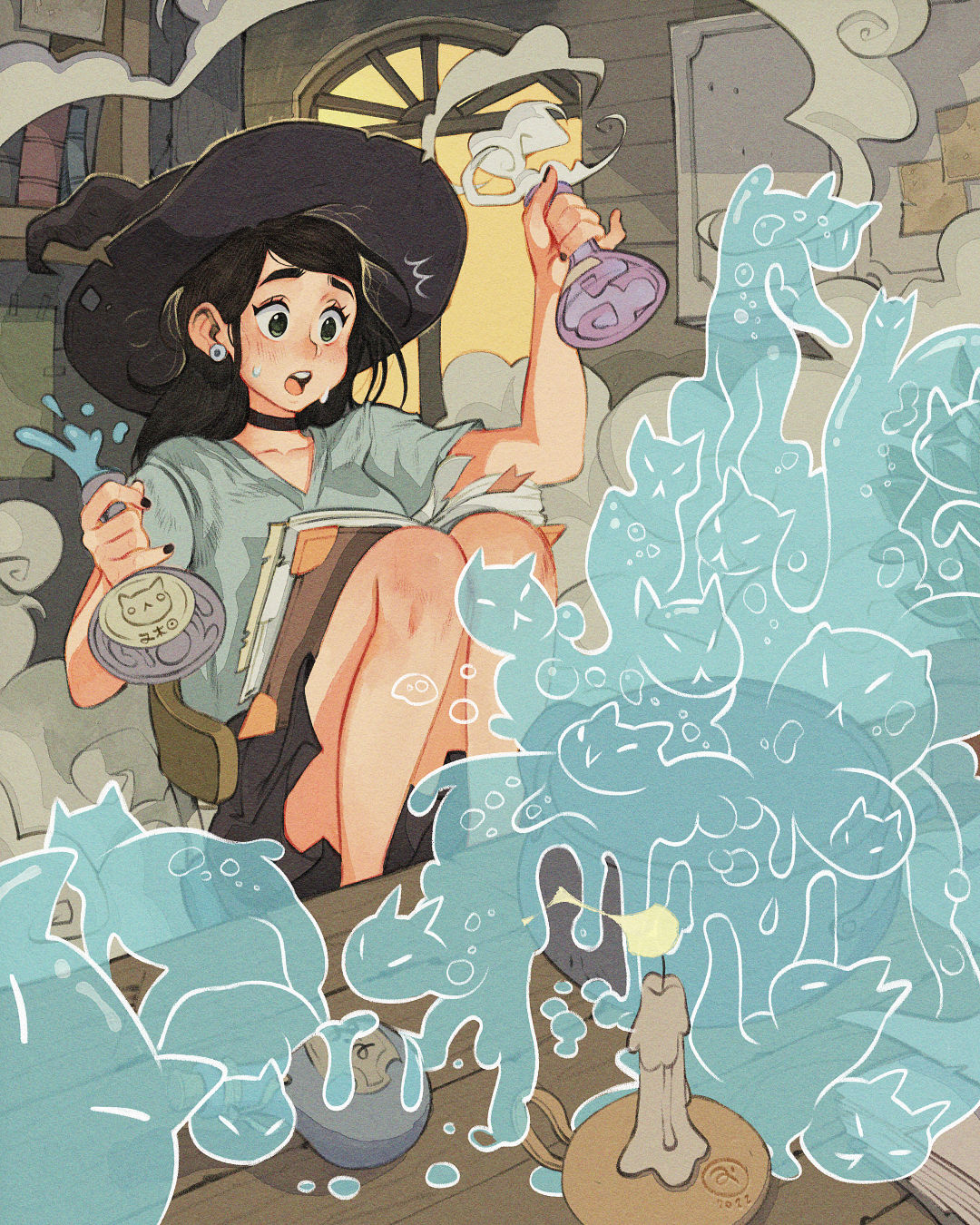1girl, alchemy, beaker, black_hair, book, candle, casting_spell, cat