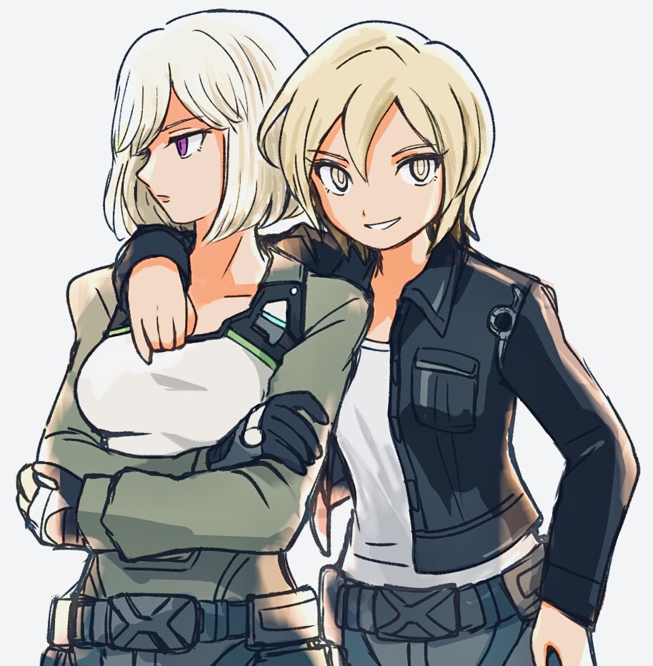 2girls, arm_around_shoulder, belt, black_jacket, blonde_hair, breasts, crossed_arms, grin