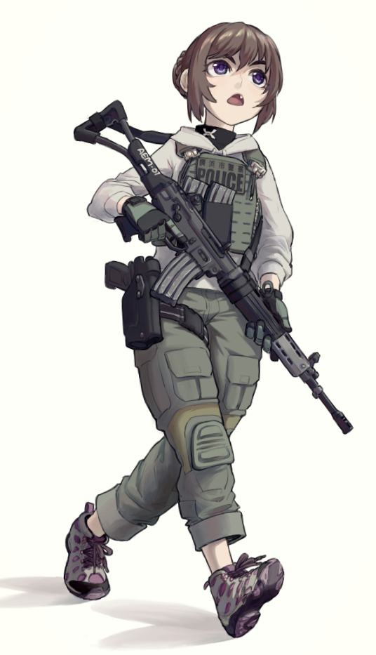 1girl, alma01, assault_rifle, brown_hair, commentary_request, english_text, fang, full_body, gloves, green_pants, gun, hair_bun, handgun, holding, holding_weapon, holstered_weapon, hood, hood_down, hoodie, howa_type_89, load_bearing_vest, long_sleeves, magazine_(weapon), open_mouth, original, pants, pistol, police, rifle, shadow, shoes, short_hair, signature, simple_background, solo, under_armour, violet_eyes, walking, weapon, white_background, white_hoodie