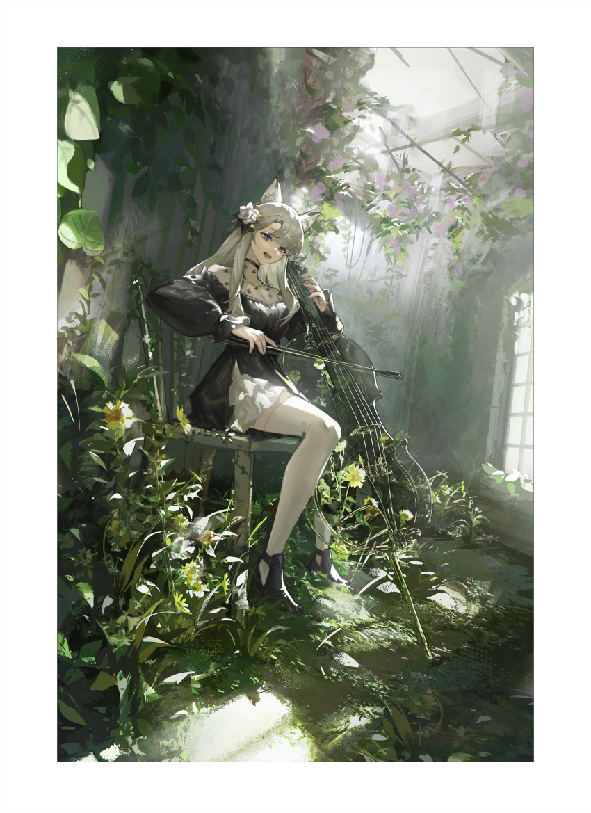 14sky, 1girl, absurdres, animal_ears, arknights, black_footwear, chair, commentary_request