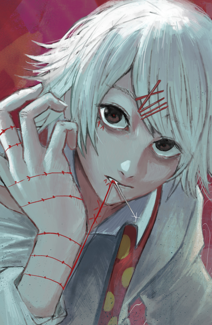 1boy, absurdres, bangs, dokudokuo, hair_ornament, hairclip, highres, red_background, red_eyes, roman_numeral, shirt, short_hair, simple_background, solo, stitches, suzuya_juuzou, tokyo_ghoul, white_hair, x_hair_ornament