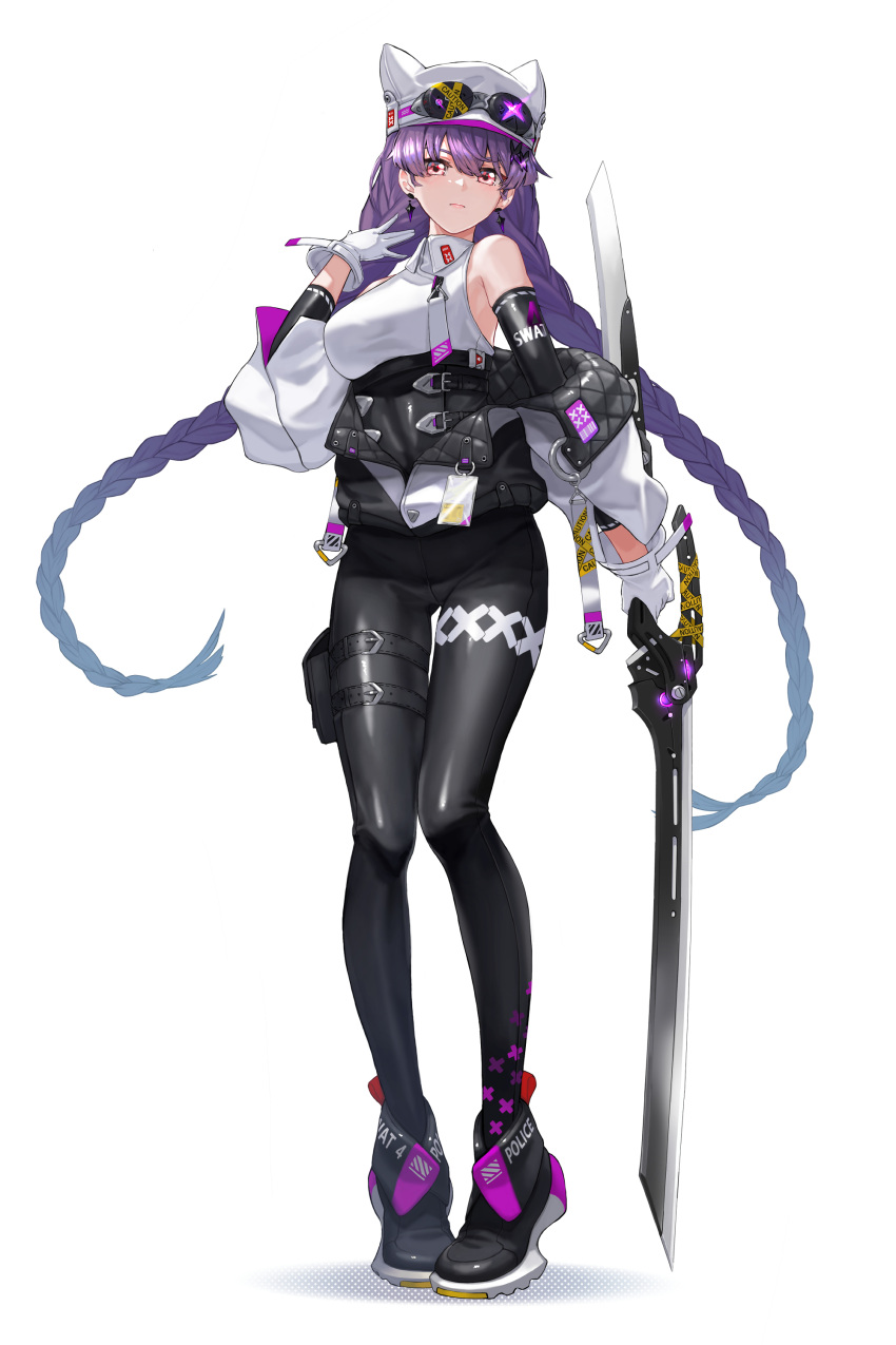 1girl, absurdres, alternate_costume, bare_shoulders, braid, caution_tape, counter:side, earrings