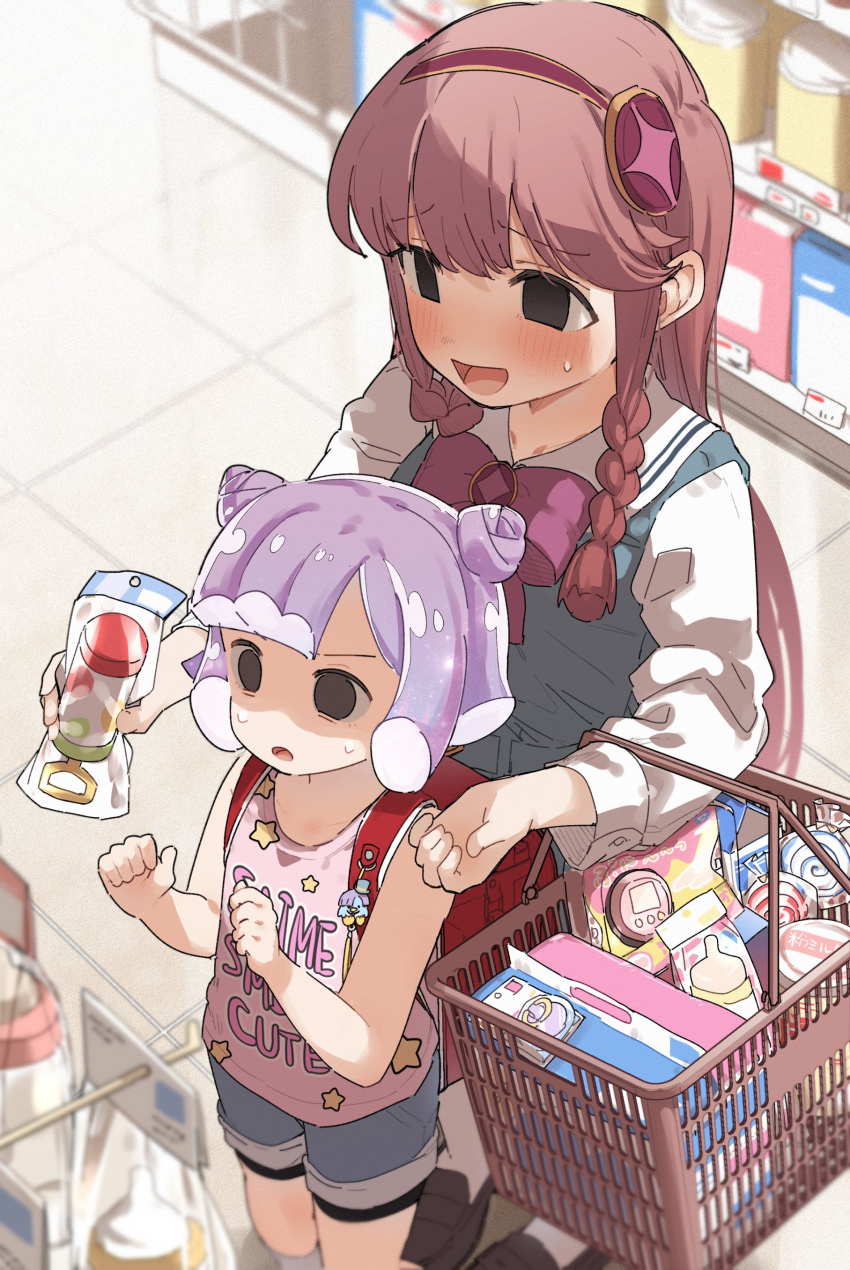 2girls, :d, absurdres, baby_bottle, backpack, bag, bare_arms, bare_shoulders