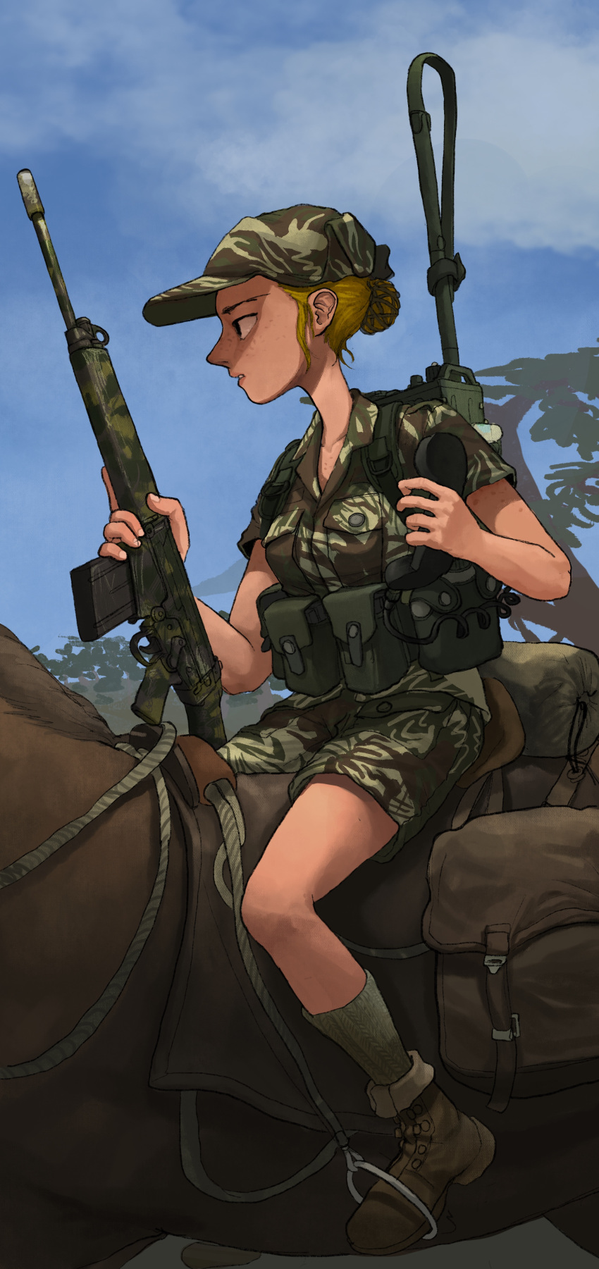 1girl, absurdres, assault_rifle, belt, blonde_hair, blue_sky, boots, brown_footwear