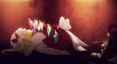 1girl, animated, animated_gif, back_bow, blonde_hair, bow, flandre_scarlet, from_side