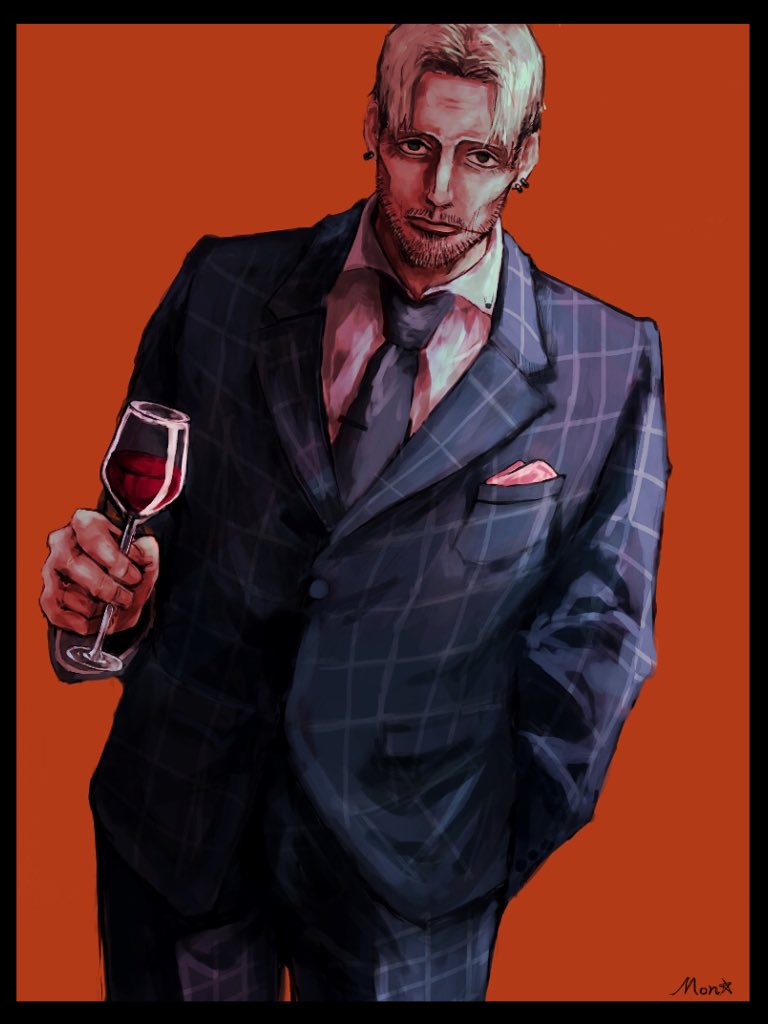 1boy, alcohol, black_border, black_necktie, black_pants, border, business_suit, chainsaw_man
