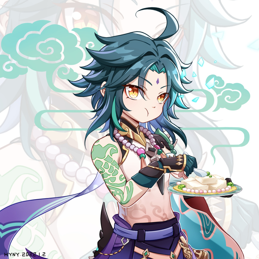 1boy, arm_tattoo, bangs, bare_shoulders, bead_necklace, beads, bishounen, cake