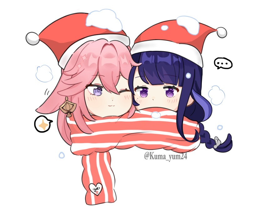 ..., 2girls, ;3, animal_ears, artist_name, bangs, blunt_bangs, blush