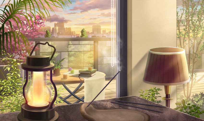 book, book_stack, candle, cityscape, clouds, cloudy_sky, commentary_request, curtains