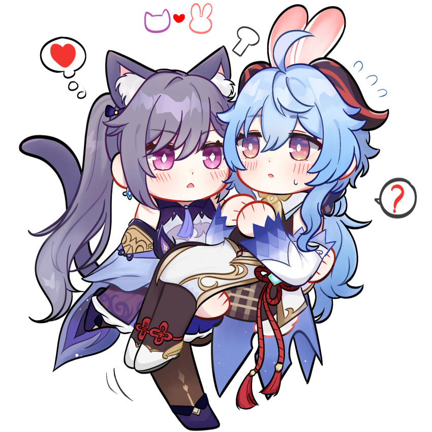 1girl, 2girls, :o, =3, ?, ahoge, animal_ear_fluff, animal_ears
