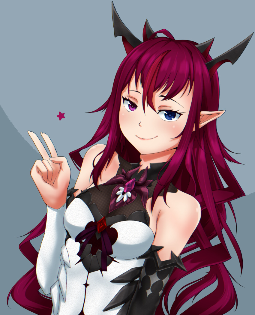 1girl, bare_shoulders, blue_eyes, breasts, grey_background, hair_between_eyes, heterochromia, highres, hololive, hololive_english, horns, irys_(hololive), long_hair, looking_at_viewer, medium_breasts, multiple_horns, pg2125, pointy_ears, purple_hair, simple_background, smile, solo, star_(symbol), v, violet_eyes, virtual_youtuber