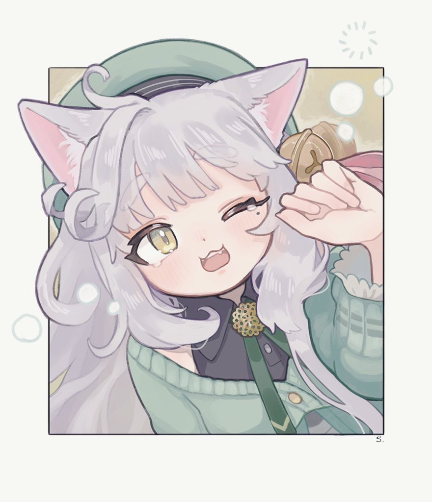 1girl, ;d, bell, beret, buttons, collared_shirt, dahlia_wintra, eyebrows_visible_through_hair