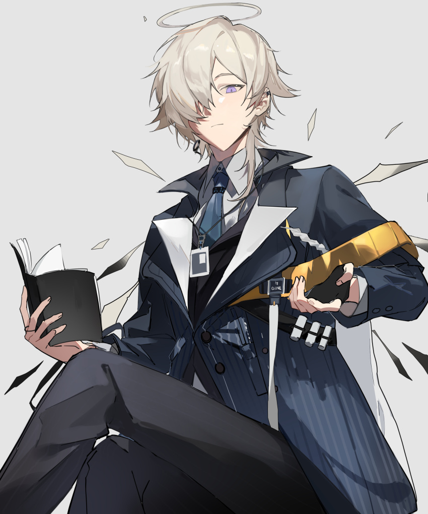 1boy, absurdres, arknights, azure_silan, bangs, black_gloves, black_jacket, black_pants, blue_jacket, blue_necktie, brown_hair, collared_shirt, crossed_legs, detached_wings, dress_shirt, ear_piercing, enforcer_(arknights), feet_out_of_frame, fingerless_gloves, from_below, gloves, grey_background, grey_wings, hair_over_one_eye, halo, highres, jacket, long_sleeves, looking_at_viewer, looking_down, male_focus, mini_wings, necktie, pants, piercing, shirt, simple_background, sitting, solo, violet_eyes, white_shirt, wings