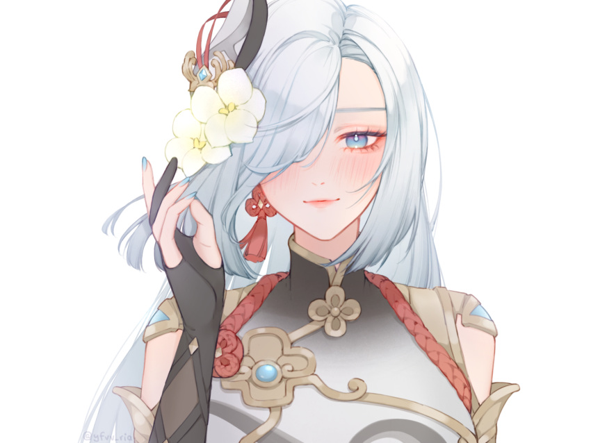 1girl, blue_eyes, blue_nails, brown_bodysuit, chinese_knot, fingerless_gloves, flower, genshin_impact