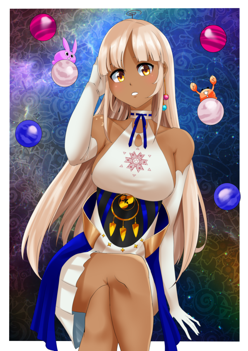 1girl, alternate_hairstyle, blonde_hair, blue_bow, bow, breasts, crossed_legs, dark-skinned_female, dark_skin, elbow_gloves, gloves, halter_top, halterneck, highres, hololive, hololive_english, kaniko_(tsukumo_sana), large_breasts, light_brown_hair, long_hair, looking_at_viewer, pg2125, skirt, solo, tsukumo_sana, underbust, usaslug_(tsukumo_sana), very_long_hair, virtual_youtuber, white_gloves, white_skirt, yellow_eyes