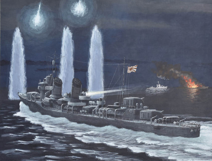 absurdres, acrylic_paint_(medium), antenna_mast, atoriebono, ayanami_(destroyer), cannon, destroyer, fire, flare, highres, historical_event, imperial_japanese_navy, japanese_flag, military, military_vehicle, night, no_humans, original, painting_(medium), searchlight, ship, smoke, smokestack, splashing, spotlight, torpedo_launcher, torpedo_tubes, traditional_media, turret, united_states_navy, uss_benham_(dd-397), uss_walke_(dd-416), warship, watercraft, waves, world_war_ii