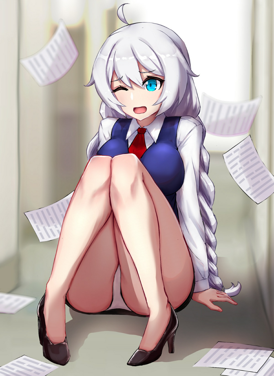 1girl, ;d, ahoge, aqua_eyes, bare_legs, black_footwear, black_skirt, blurry, blurry_background, braid, breasts, clumsy, collared_shirt, english_commentary, eyebrows_visible_through_hair, eyelashes, forehead, full_body, hair_between_eyes, high_heels, highres, honkai_(series), honkai_impact_3rd, kiana_kaslana, knees_together_feet_apart, long_hair, long_sleeves, necktie, office_lady, one_eye_closed, open_mouth, panties, pantyshot, paper, red_necktie, shadow, shirt, sidelocks, sitting, skirt, slash-ex, smile, solo, thighs, twin_braids, underwear, white_hair, white_panties, white_shirt, white_sleeves