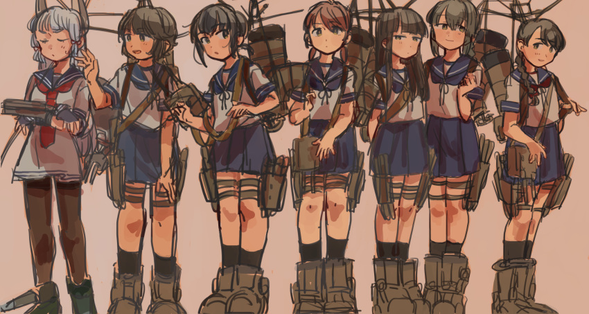6+girls, bangs, black_hair, black_legwear, blue_sailor_collar, blue_skirt, blunt_bangs, braid