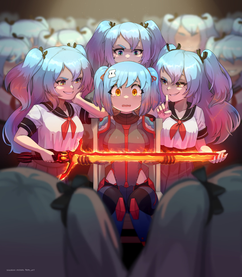6+girls, absurdres, bangs, blue_hair, flaming_sword, flaming_weapon, grin, hair_ornament